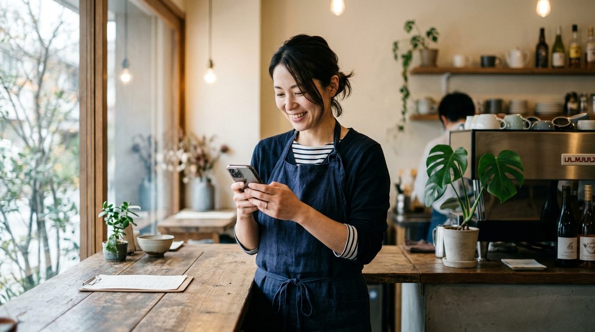 カフェの店主がスマホで届いた修正案を確認している