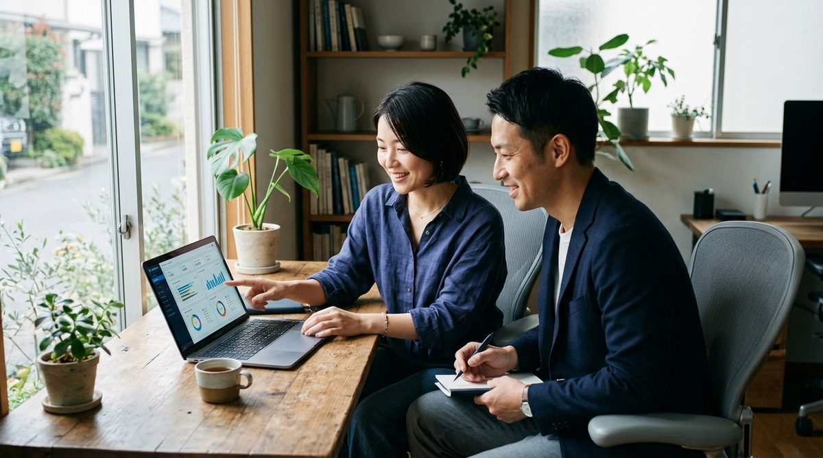 2人でノートパソコンの数字を見ている