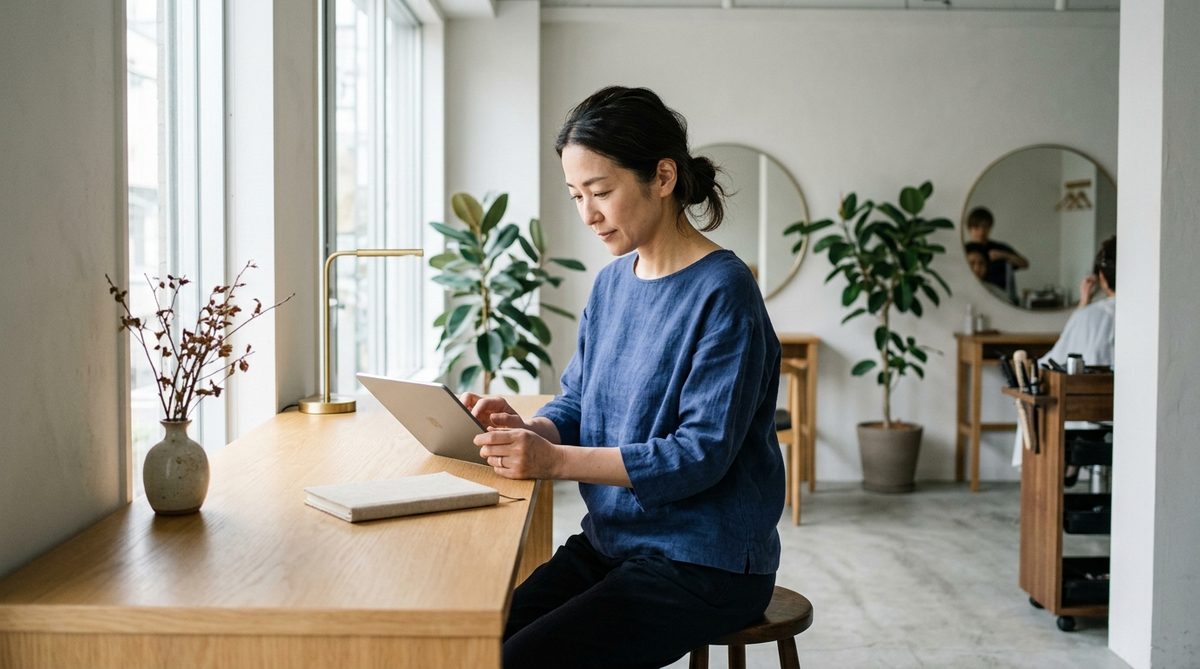 美容室のオーナーが受付でタブレットを見ている