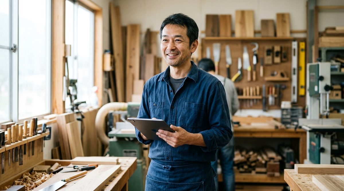 工房の経営者がタブレットを手に微笑んでいる